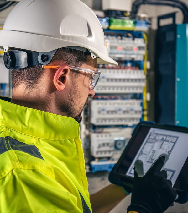 Man, an electrical technician working in a switchboard with fuses. Installation and connection of electrical equipment. Professional uses a tablet.
