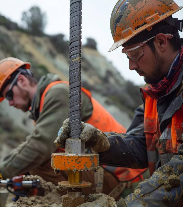 Two construction workers in hard hats and safety vests work on a project. They are using a variety of tools to complete the task. Two construction workers in hard hats and safety vests work on a project. They are using a variety of tools to complete the task.