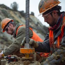 Two construction workers in hard hats and safety vests work on a project. They are using a variety of tools to complete the task.